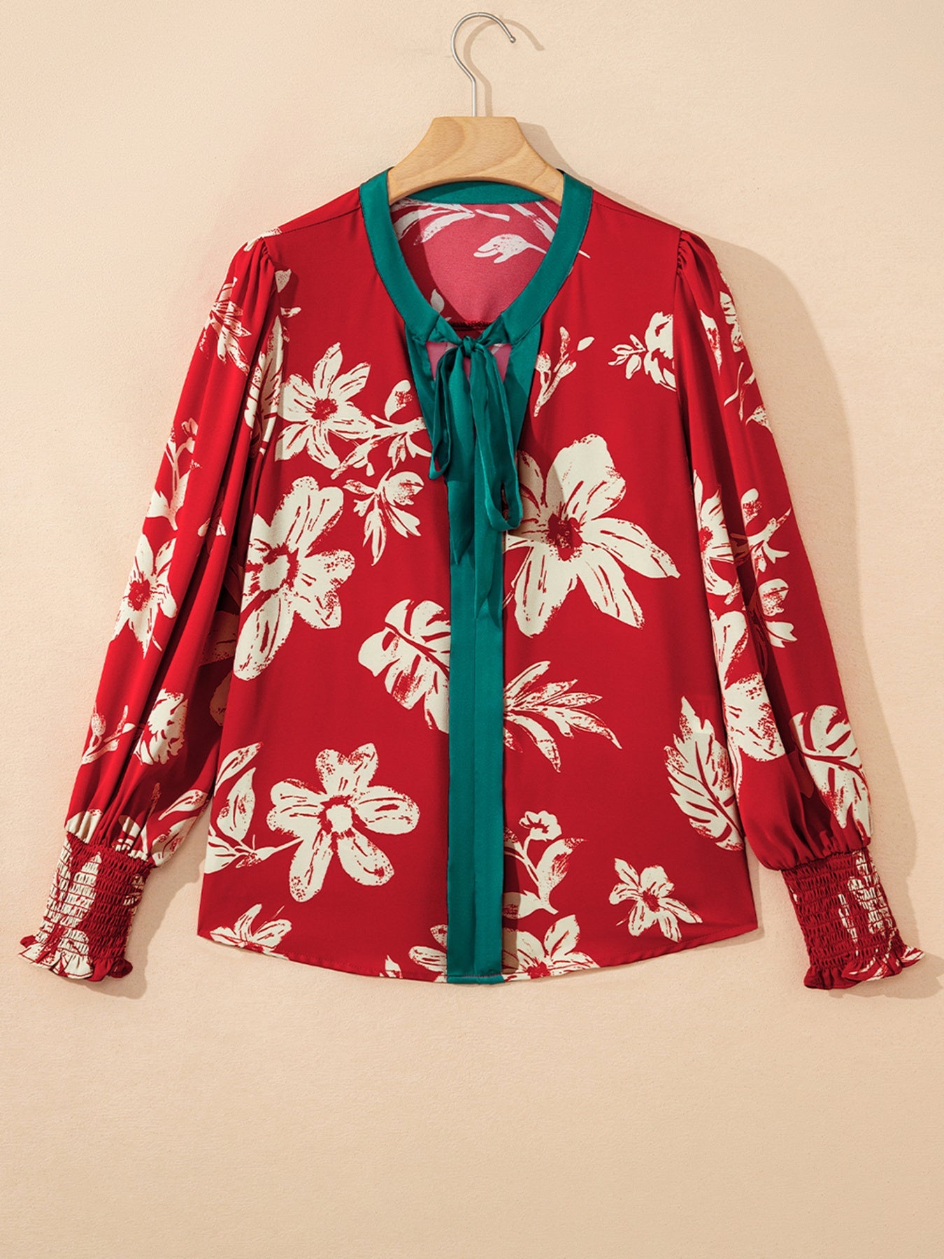 Contrast Tied Neck Shirred Puff Sleeve Flower Blouse