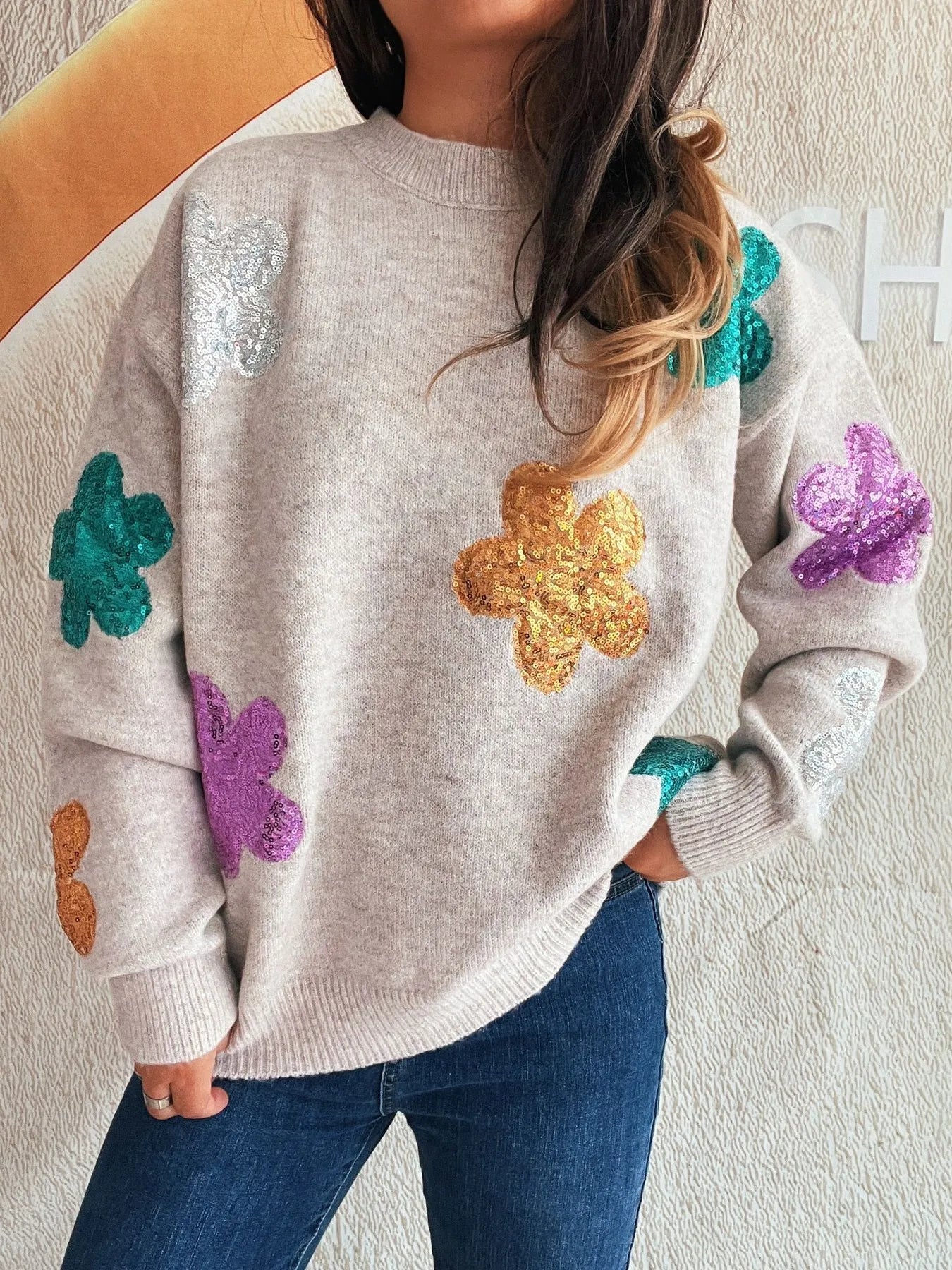 Sequin Flower Round Neck Long Sleeve Sweater