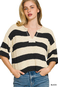 Zenana Split Neck Stripe Sweater