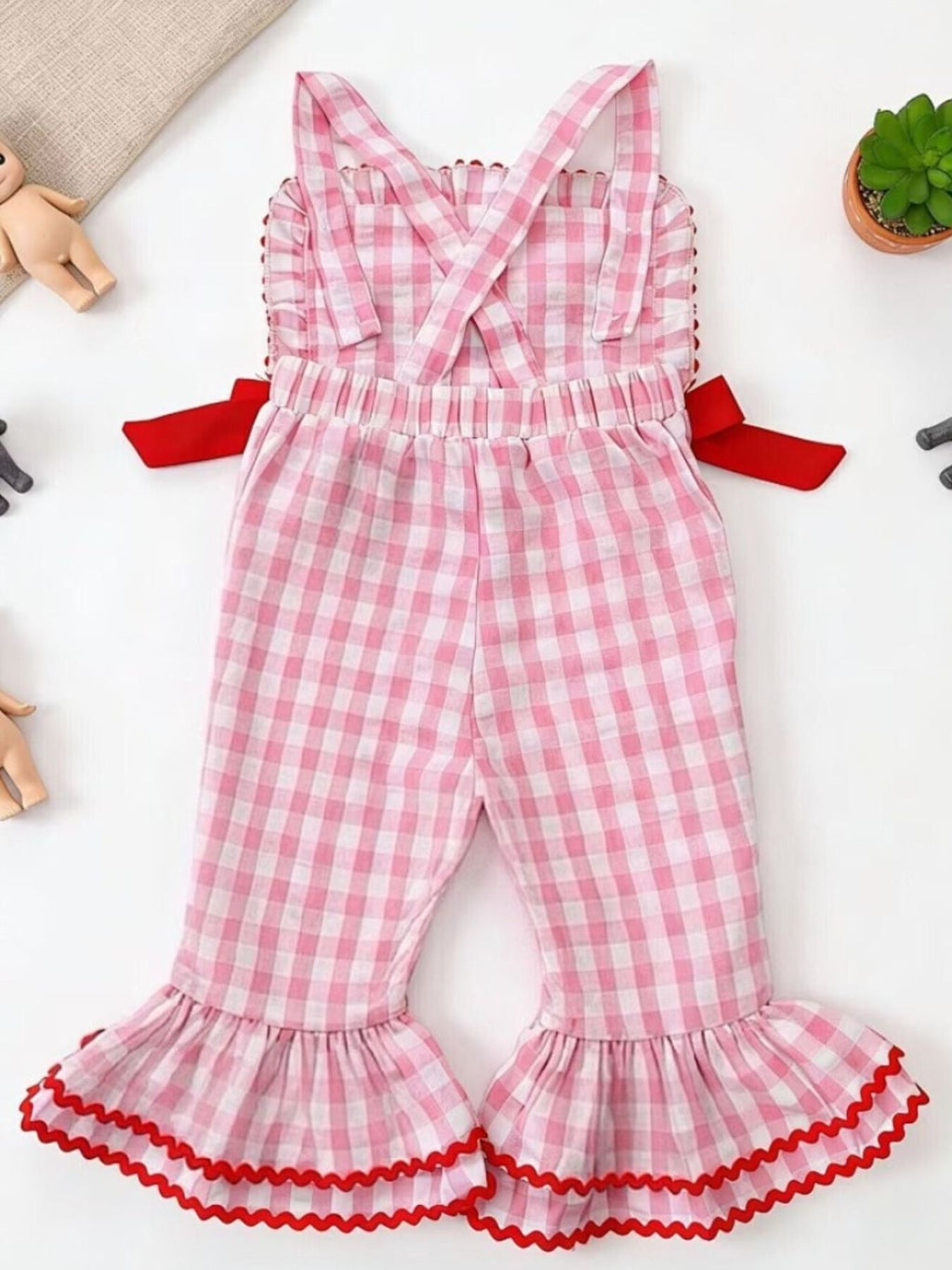 Children's Gingham Soccer Ball Embroidered Ruffle Hem Jumpsuit