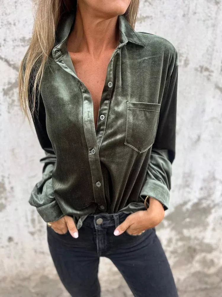 Full Size Velvet Button-Up Long Sleeve Shirt Plus Size