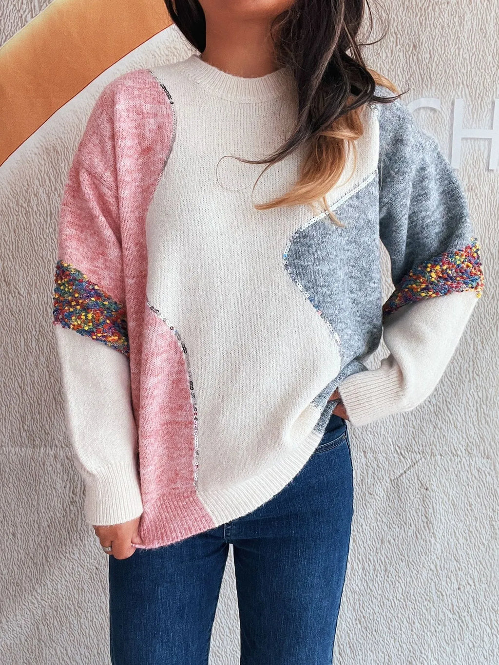 Color Block Dropped Shoulder Sweater