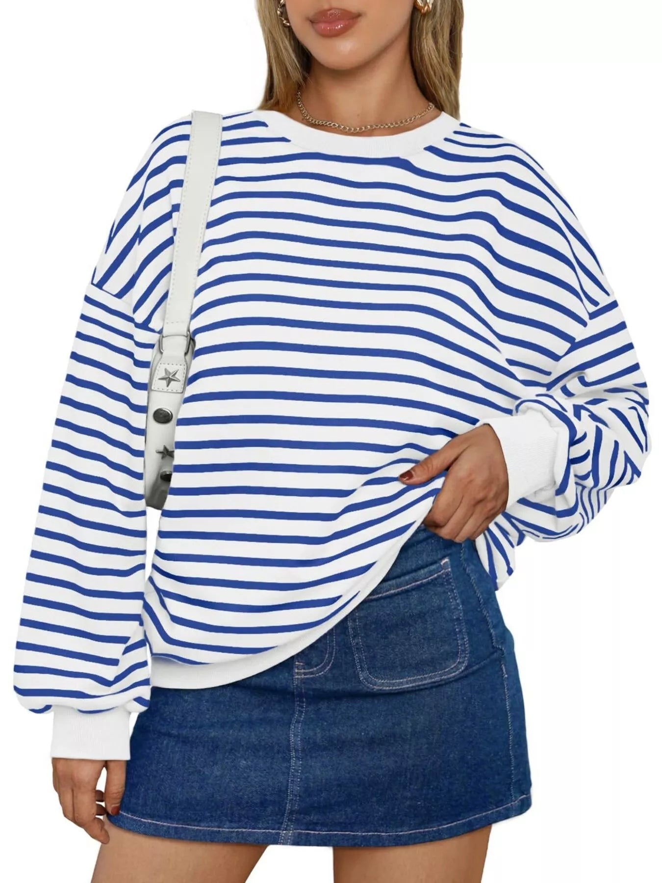 Striped Round Neck Oversized Casual Sweatshirt