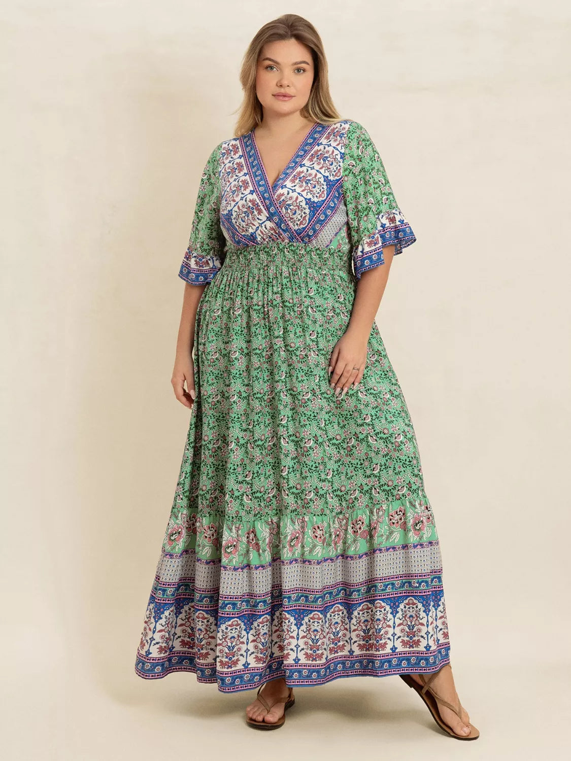 Plus Size Floral Print Smocked Waist Maxi Dress