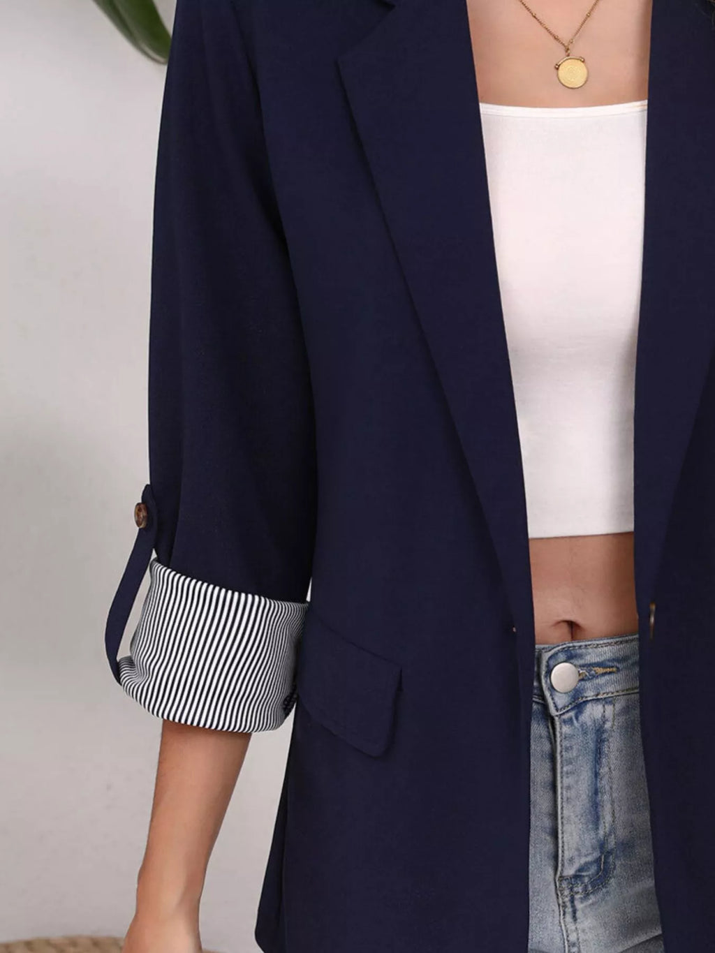 Lapel Collar Roll-Up Sleeve Blazer