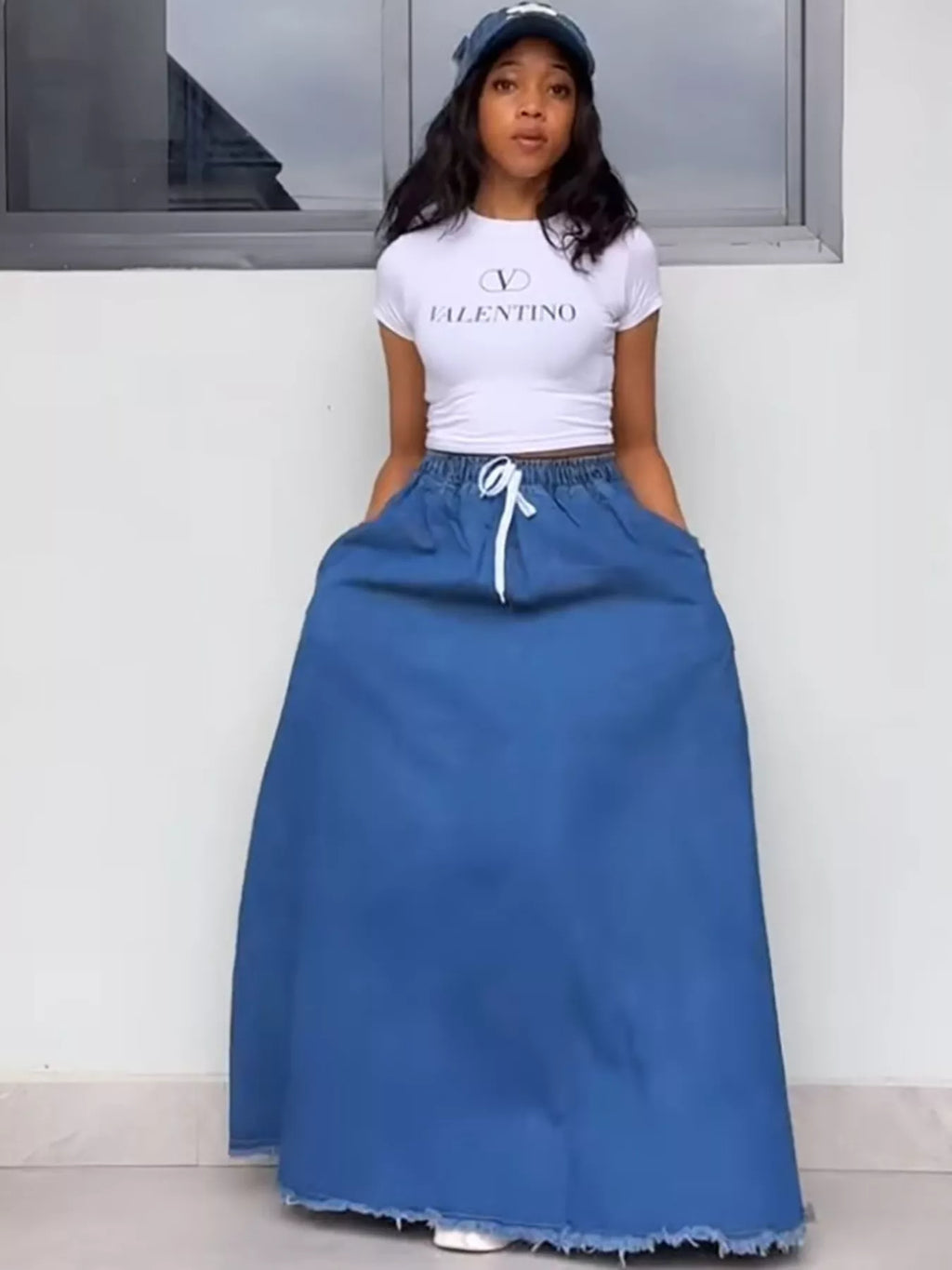Full Size Raw Hem Denim Maxi Skirt Plus Size