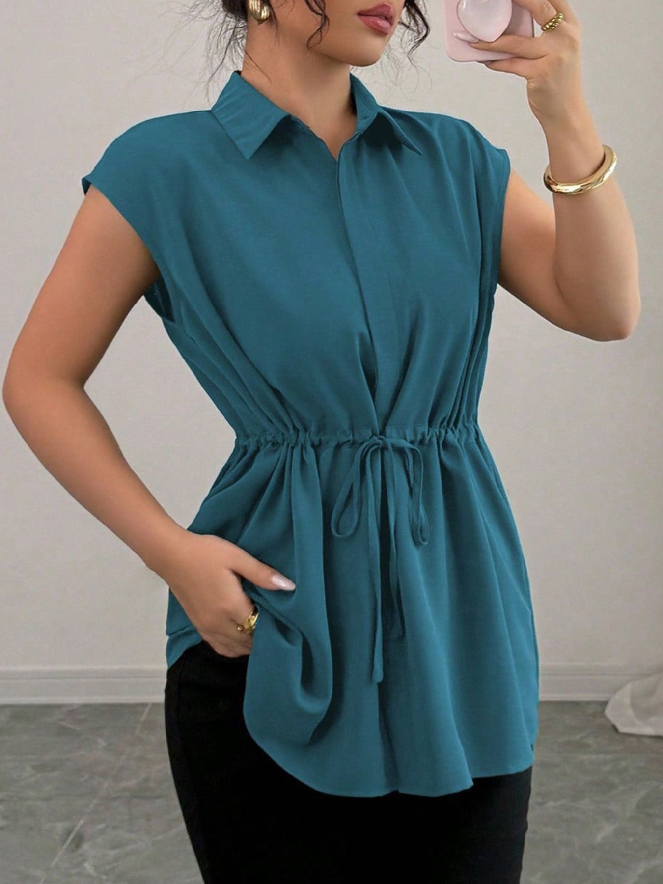 Drawstring Waist Cap Sleeve Shirt