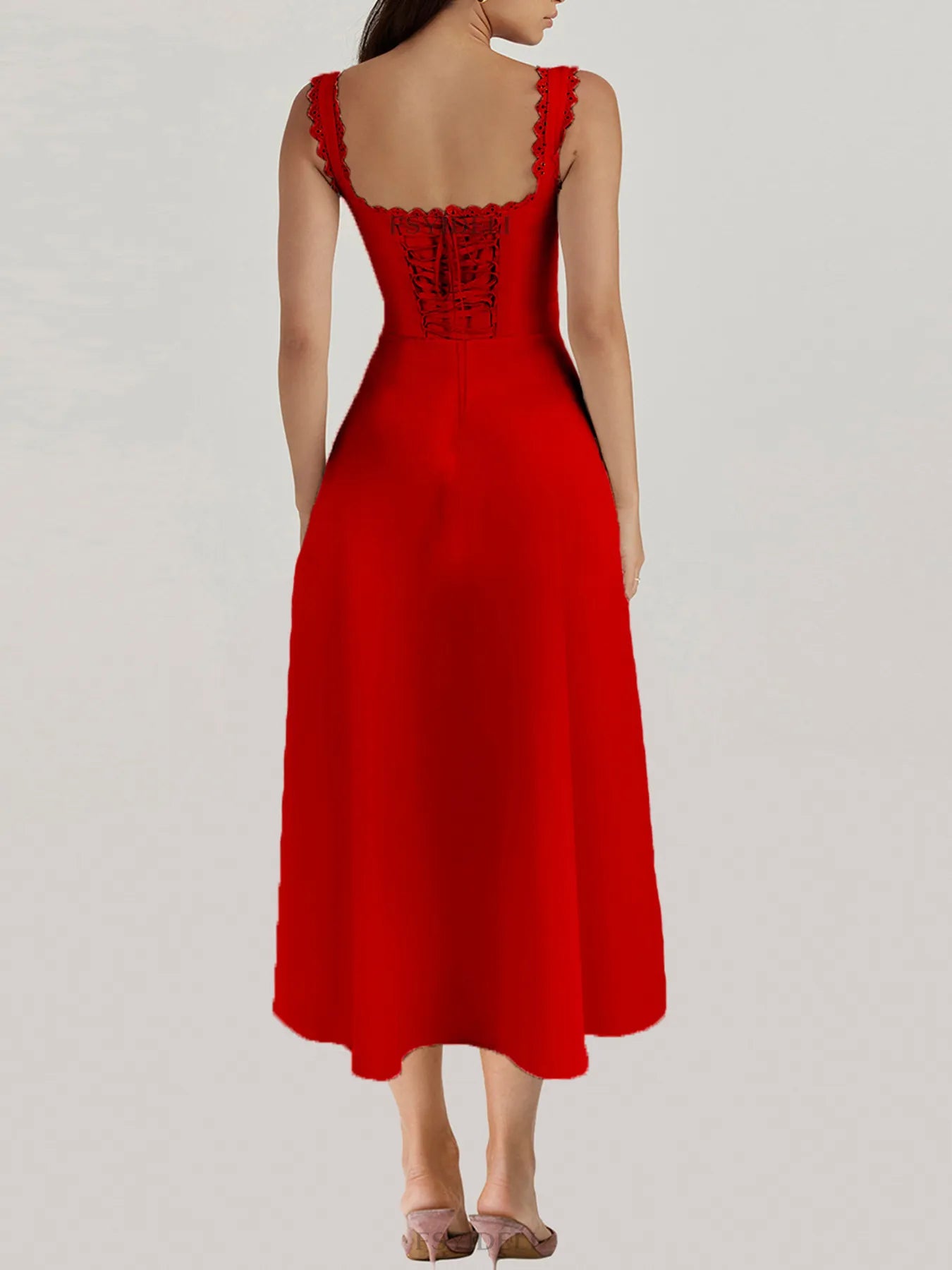 Scalloped V-Neck Midi Dress with Back Lace-Up