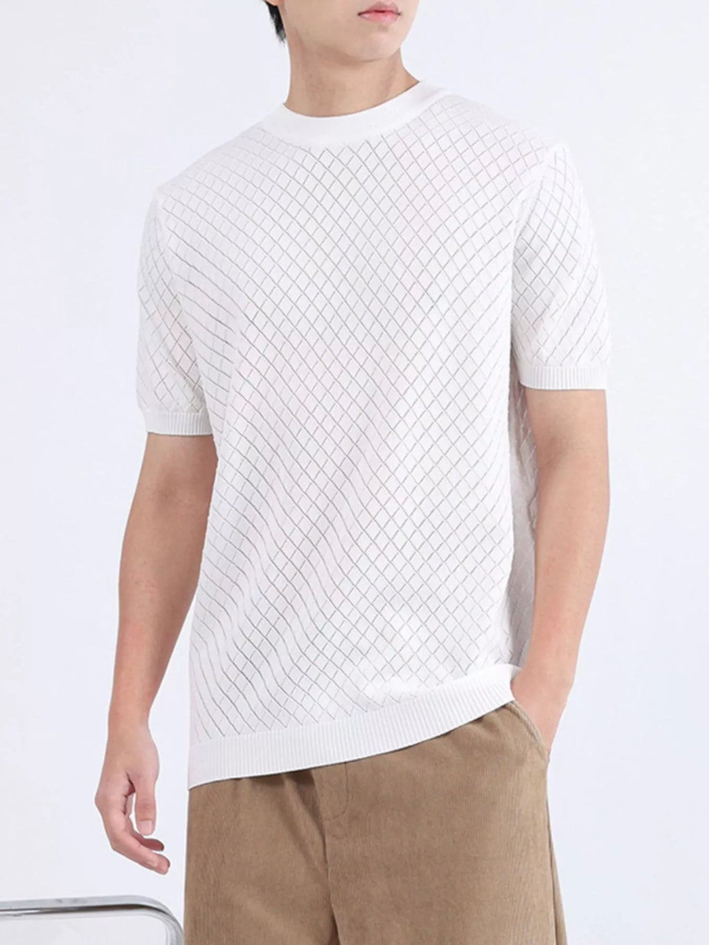 Men's Plus Size Diamond Pattern Knitted Short Sleeve T-Shirt