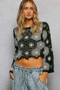 POL Floral Weave Pattern Crochet Cropped Top with Beads Detail