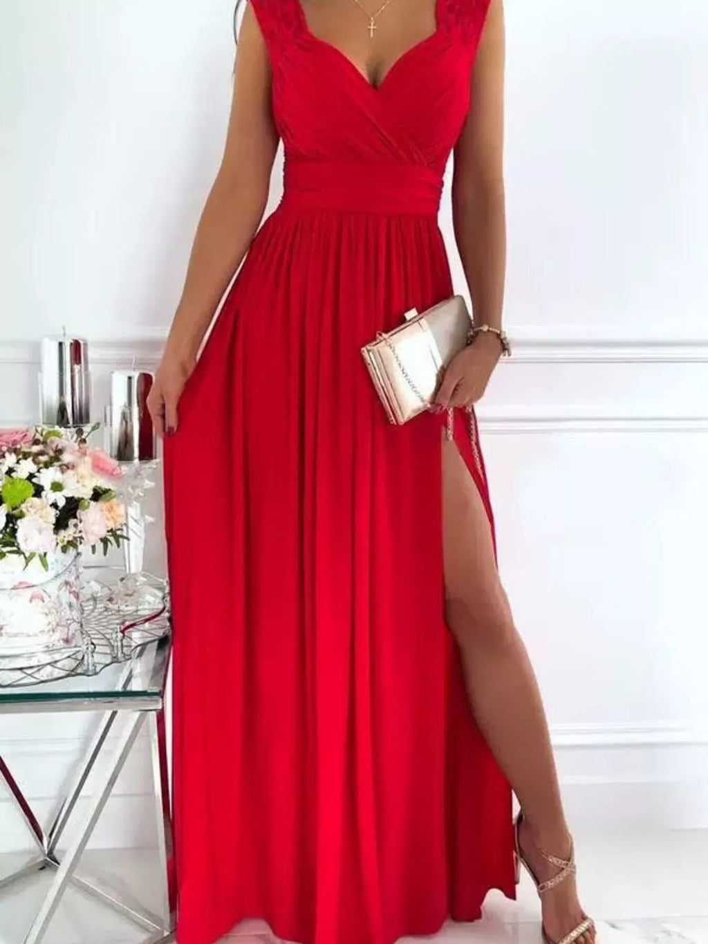 High Slit Lace Detail Maxi Dress