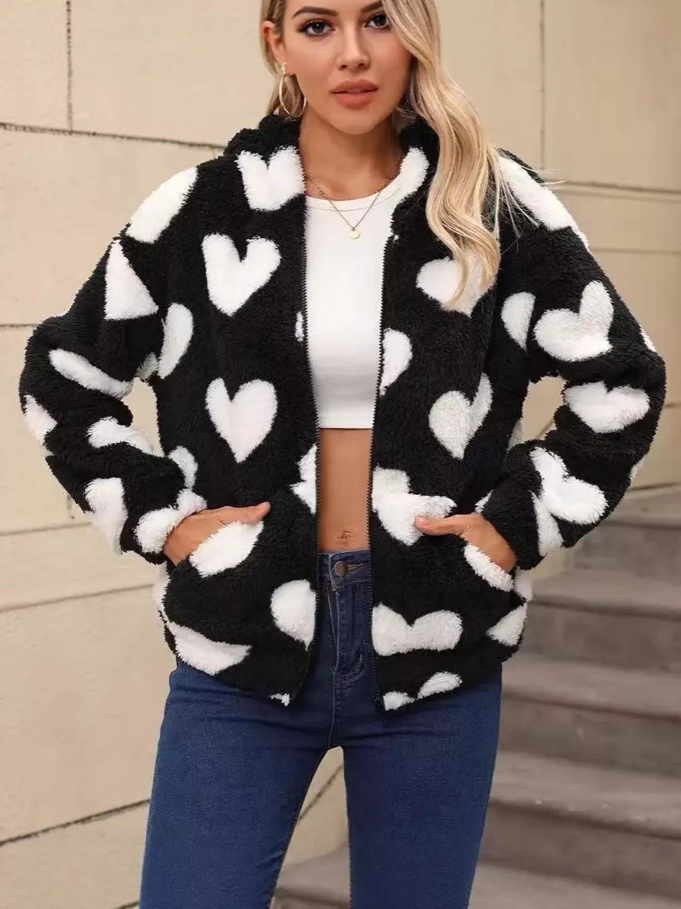 Heart Fuzzy Fleece Zip-Up Outerwear