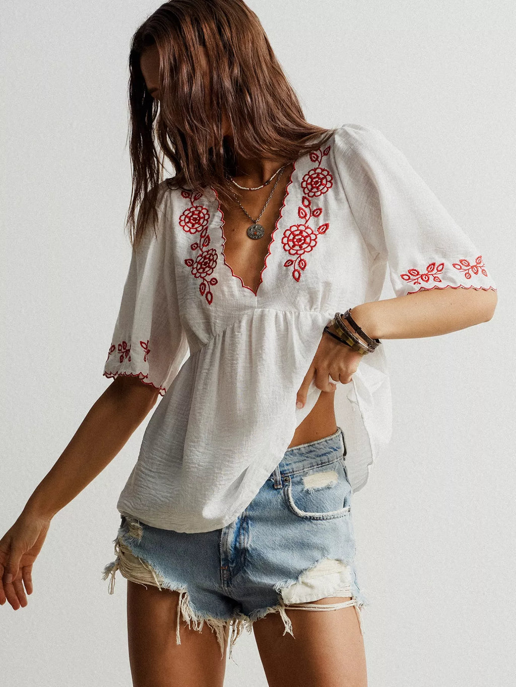 Embroidered Floral V-Neck Blouse