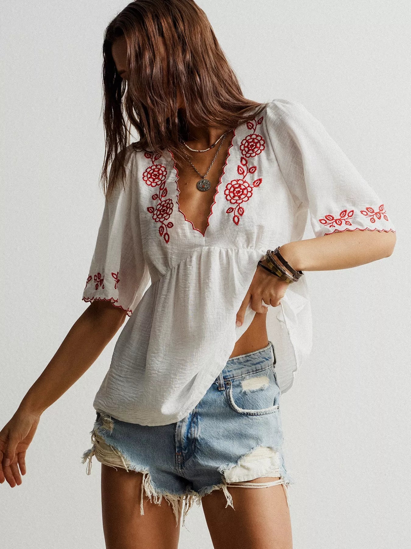Embroidered Floral V-Neck Blouse
