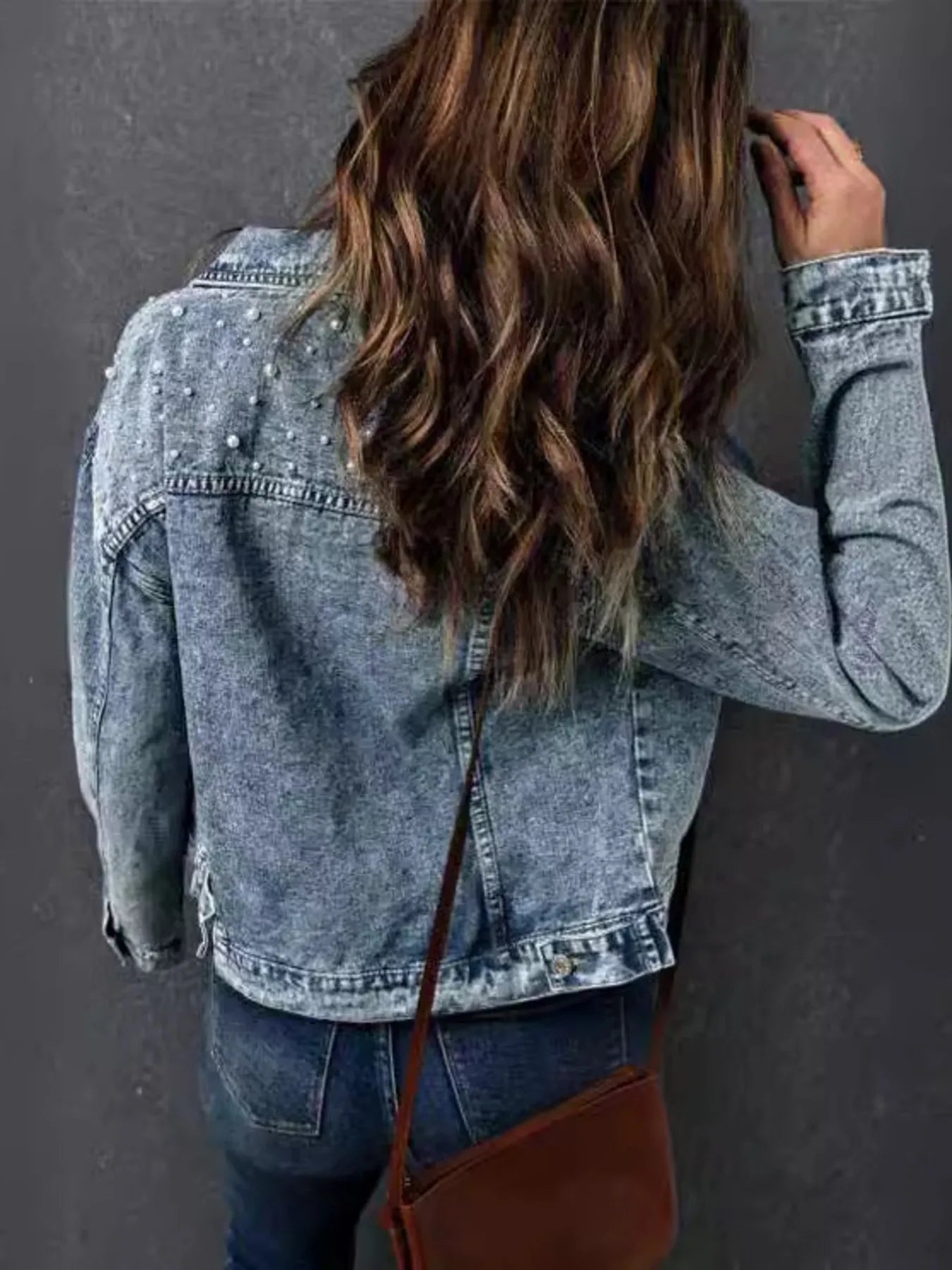 Full Size Pearl Detail Button Up Long Sleeve Denim Jacket Plus Size
