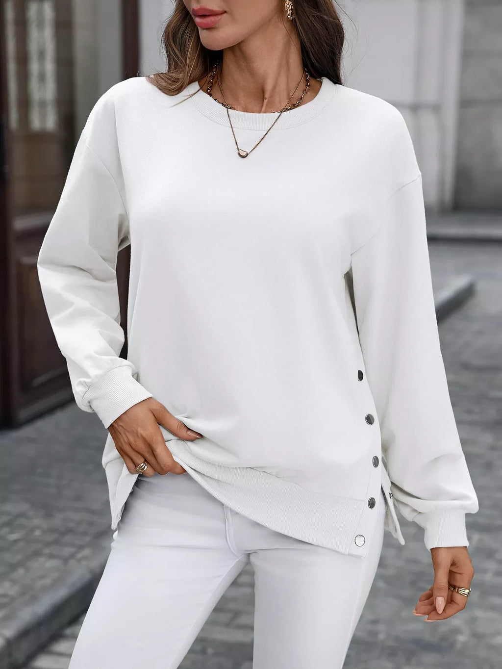 Side Snap Round Neck Sweatshirt