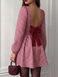 Backless Plaid Long Sleeve Dress