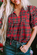 Plaid Pearl-Embellished Tie Neck Blouse