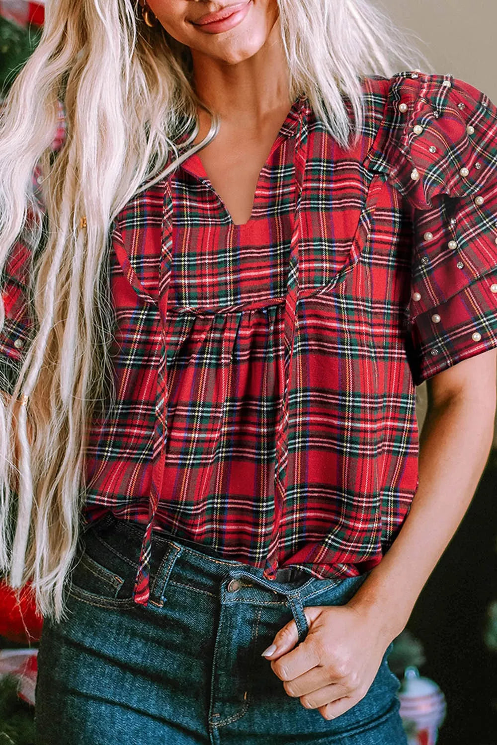 Plaid Pearl-Embellished Tie Neck Blouse
