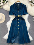 Button Front Short Sleeve Denim Dress