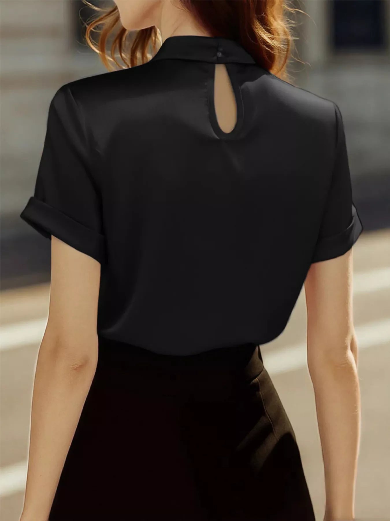 Satin Keyhole Short Sleeve Blouse