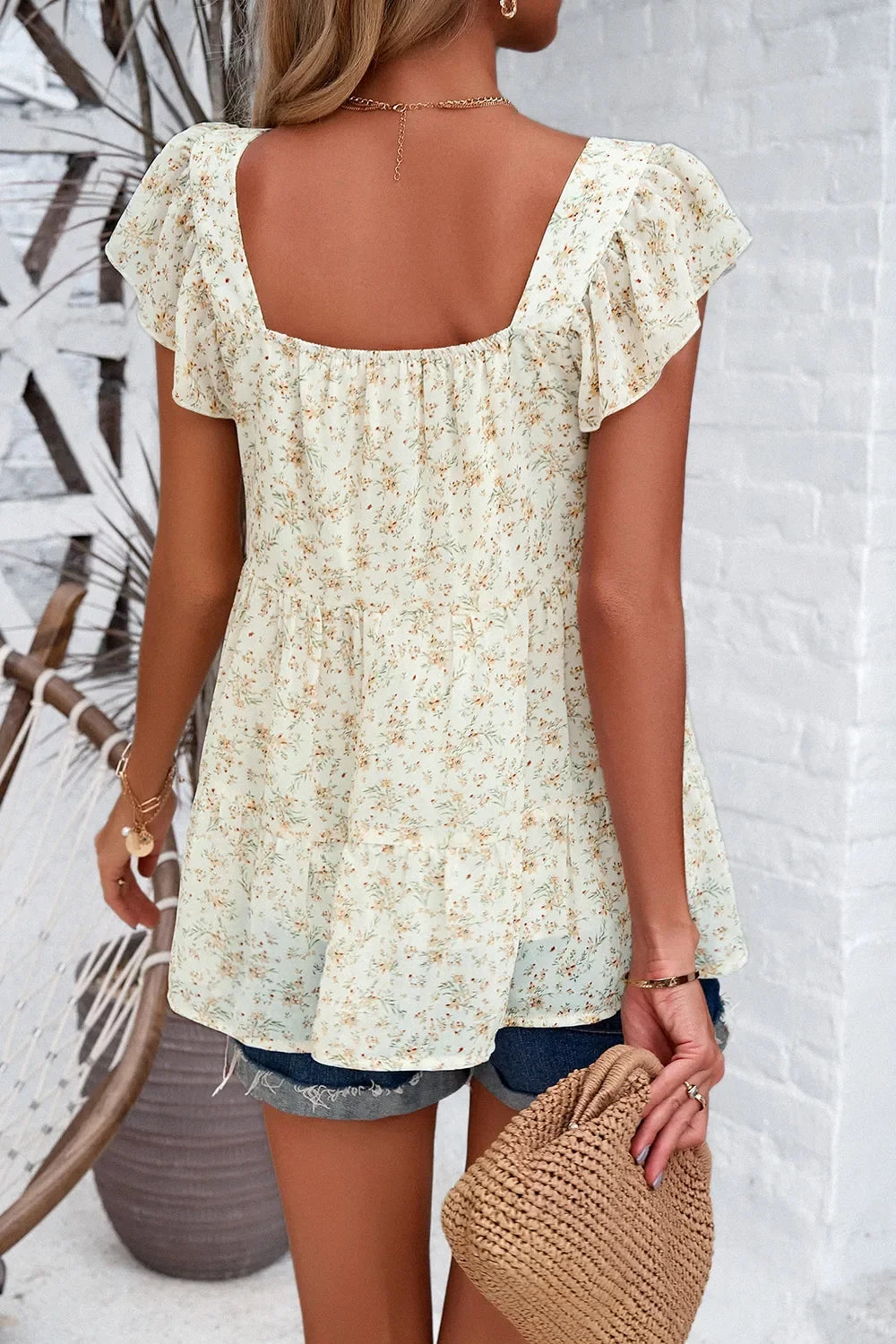 Devine Printed Square Neck Cap Sleeve Blouse