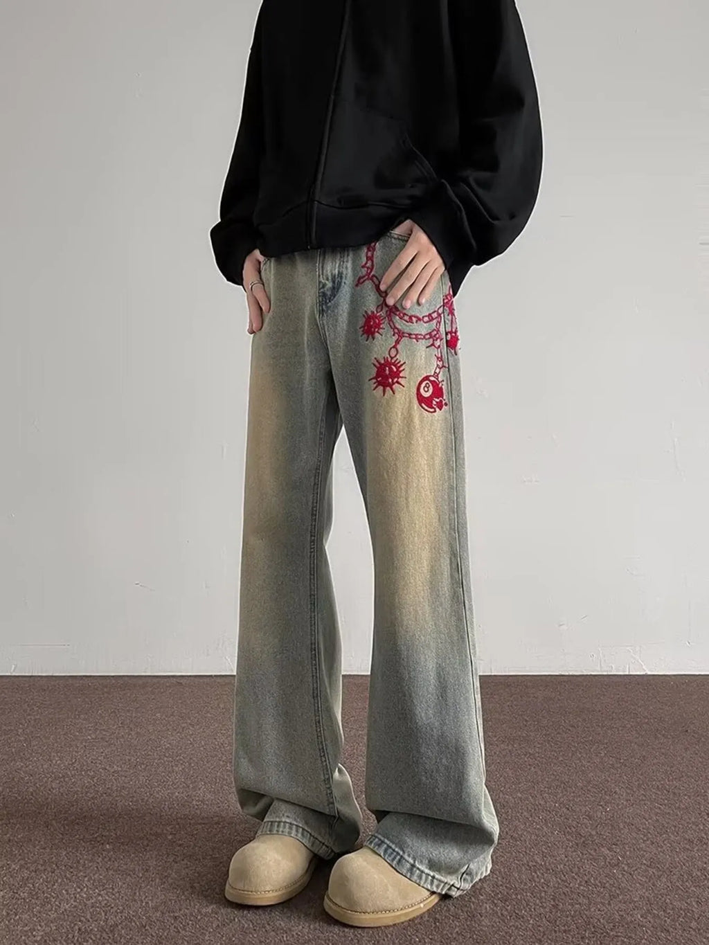 Men's Full Size Embroidered Wide Leg Jeans Plus Size