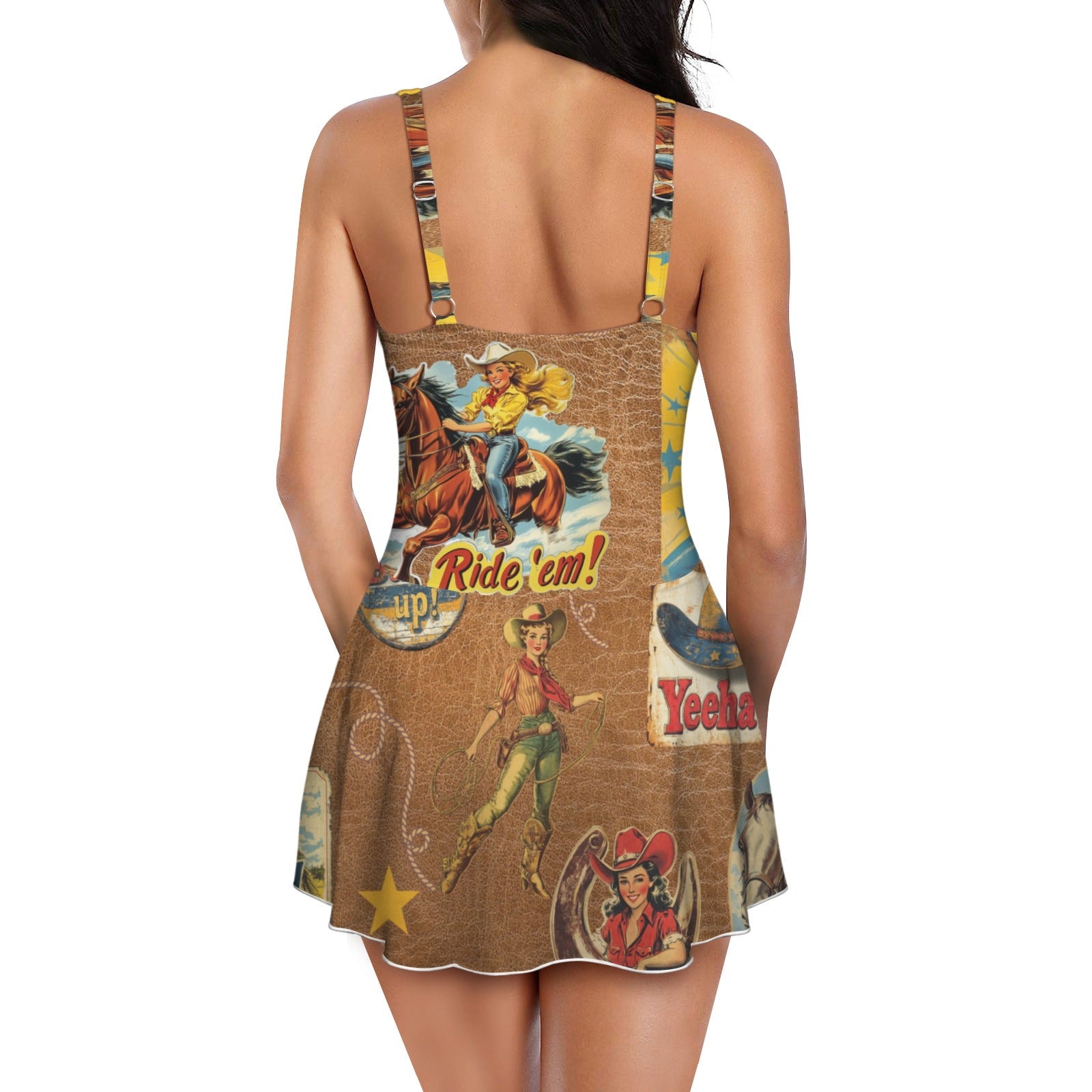 Baha Ranch Vintage Cowgirl Collage Skirted Swim Suit