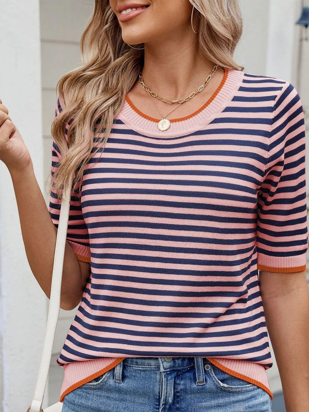Striped Casual T-Shirt with Contrast Trim