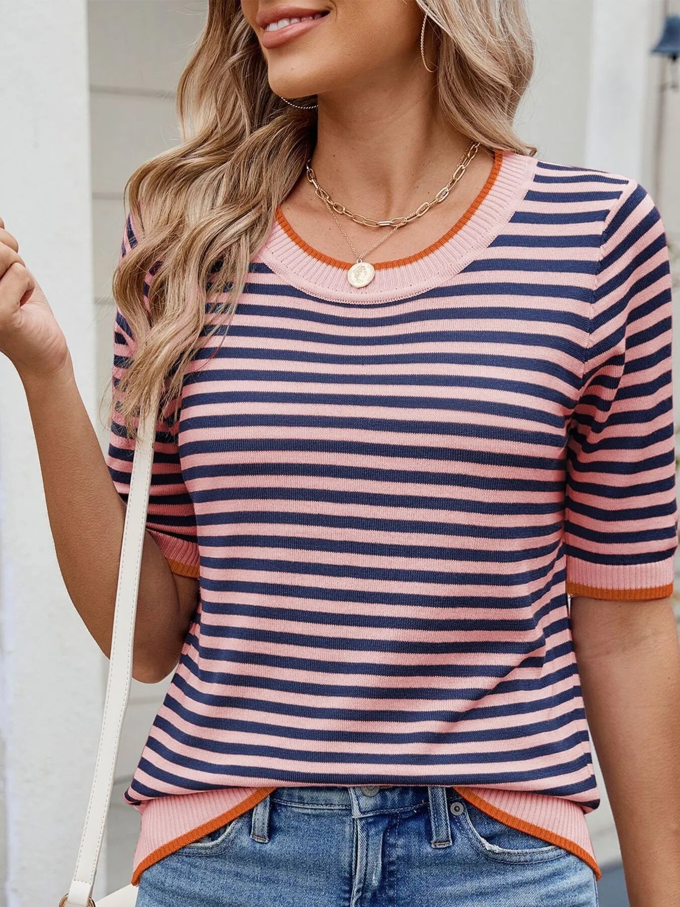 Striped Casual T-Shirt with Contrast Trim