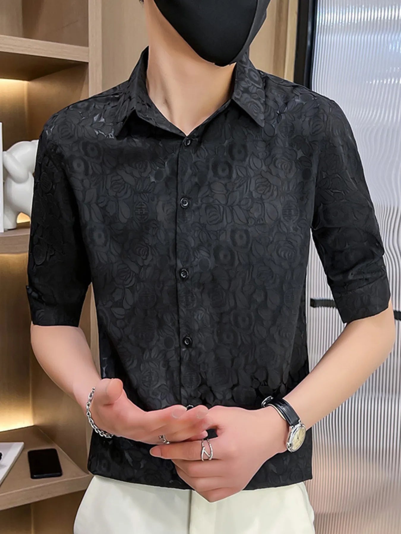 Men's Plus Size Floral Lace Slim Fit Shirt