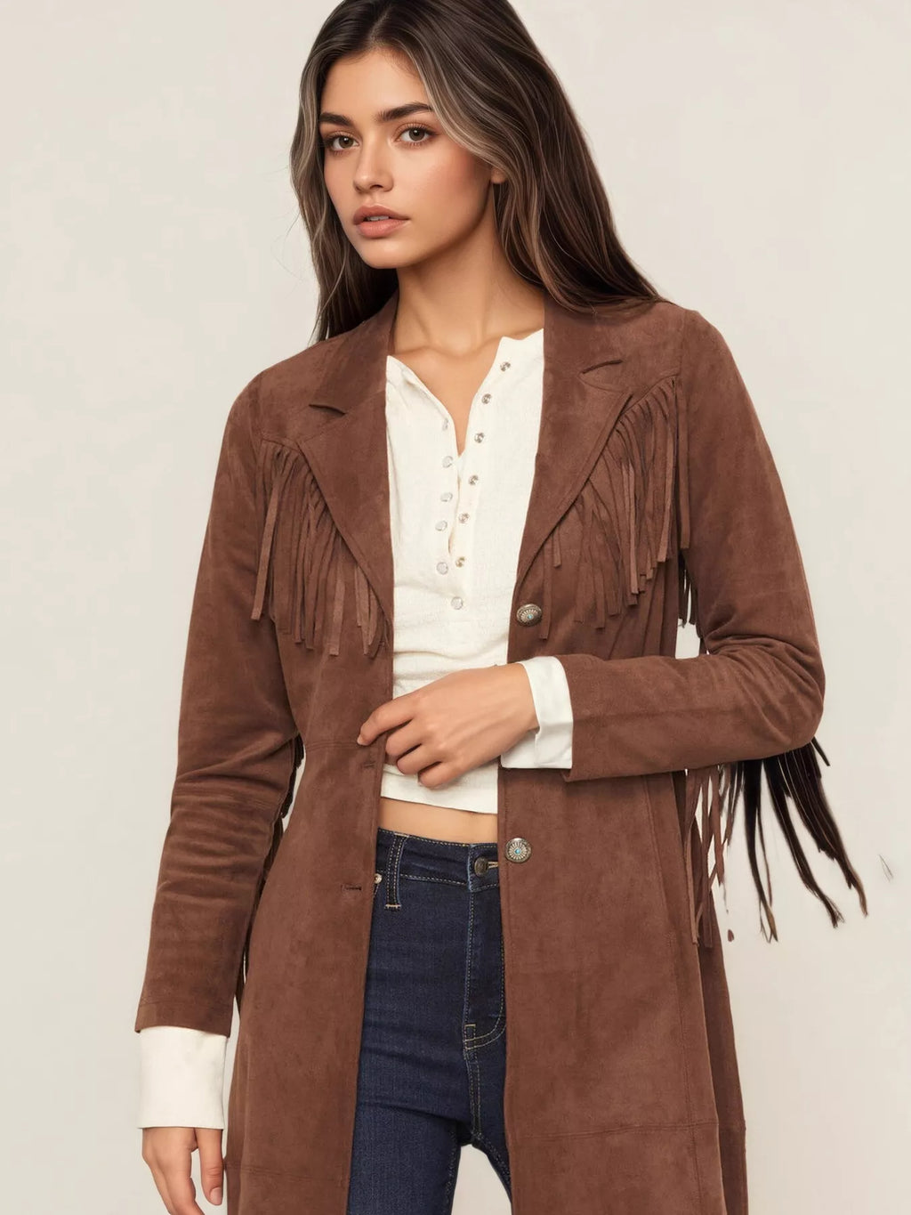 Fringe Lapel Collar Long Sleeve Coat