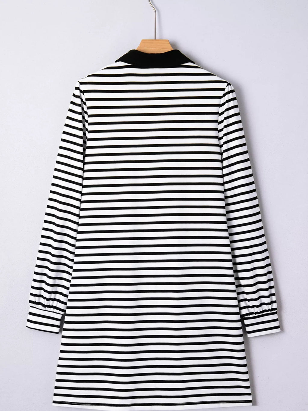 Stripe Buttoned Front Collared Long Sleeve T Shirt Dress with Pockets