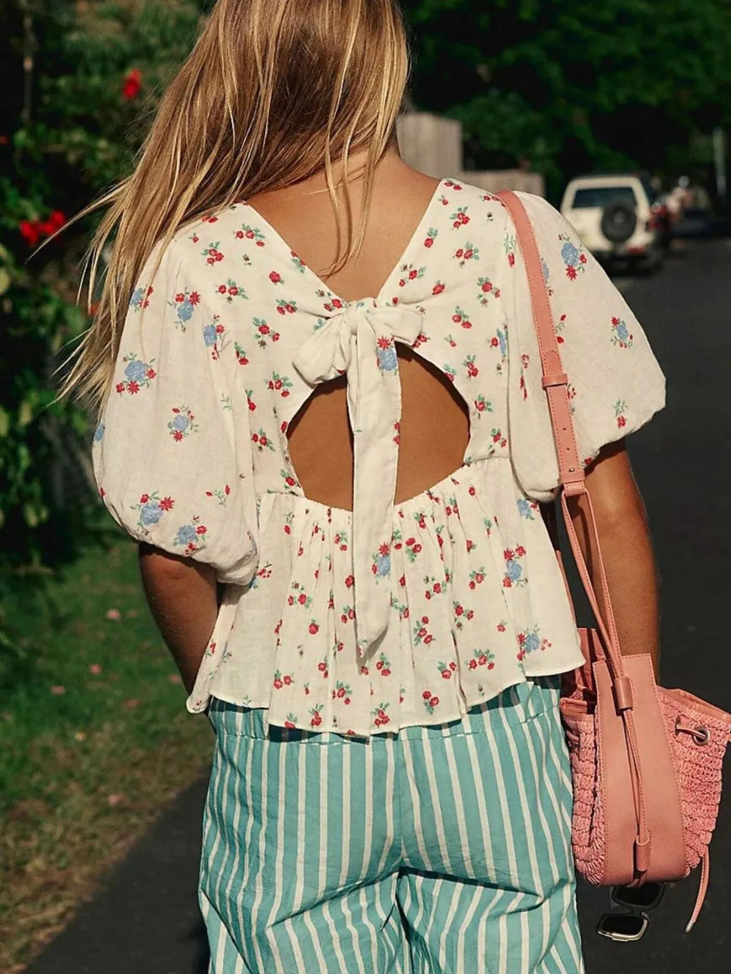 Bow Back Puff Sleeve Blouse