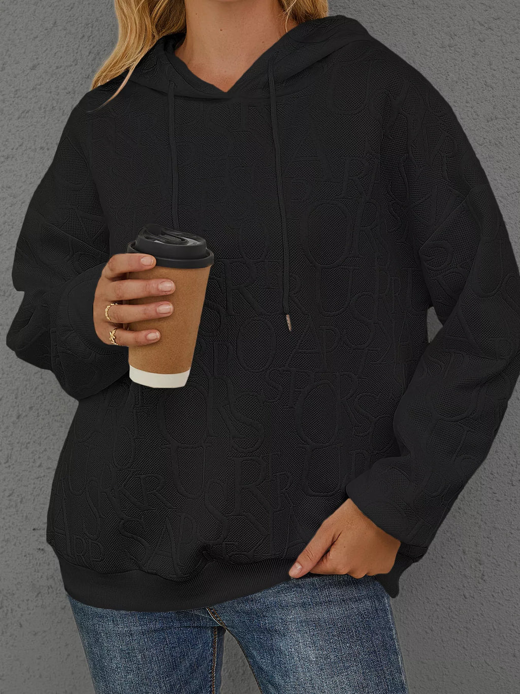 Full Size Embossed Lettering Casual Hoodie Plus Size