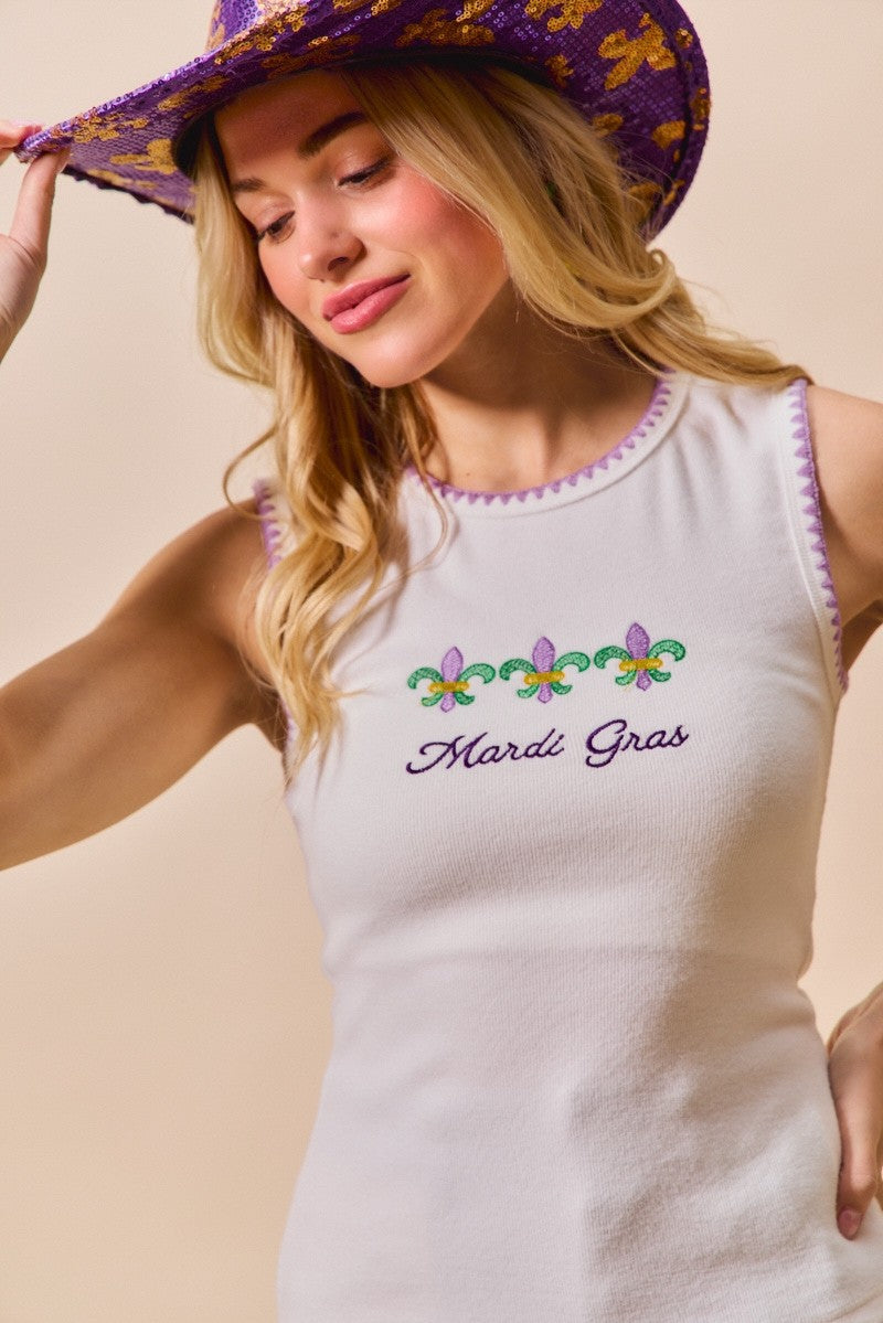 SO ME Mardi Gras Tank Top With Contrast Blanket Stitch