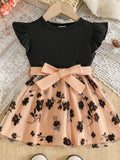 Children's Floral Print Mesh Bowknot Toddler Dress