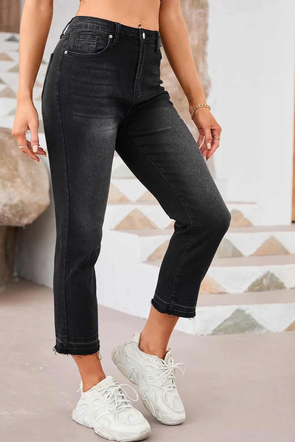 High-Waisted Distressed Hem Straight Leg Jeans