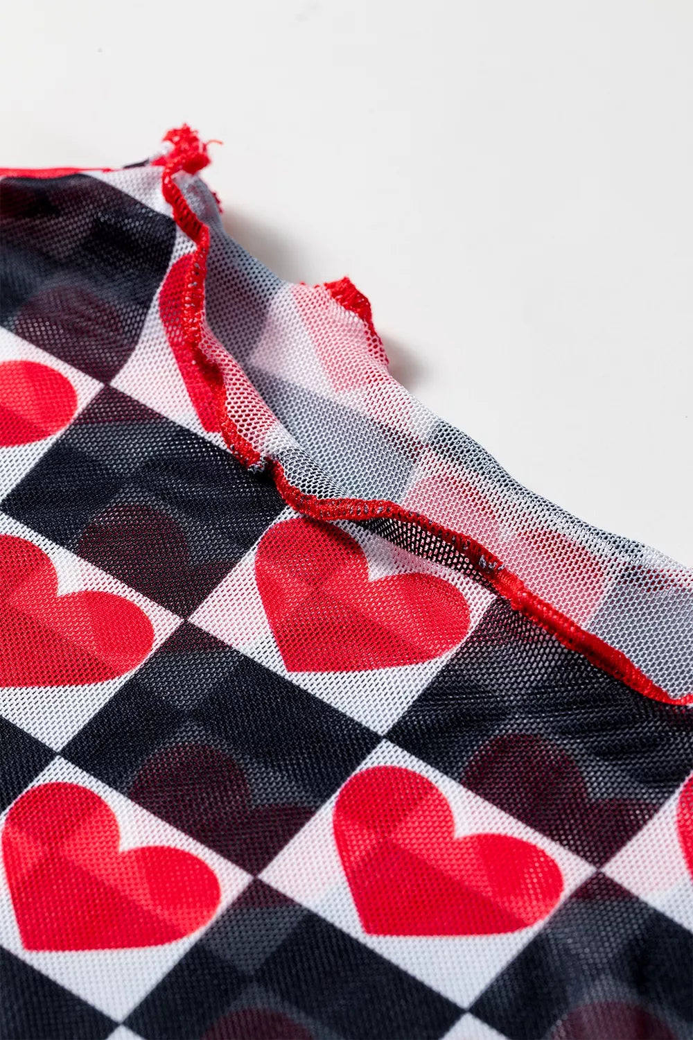 Plaid Heart Mesh Sheer Long Sleeve High Neck Top
