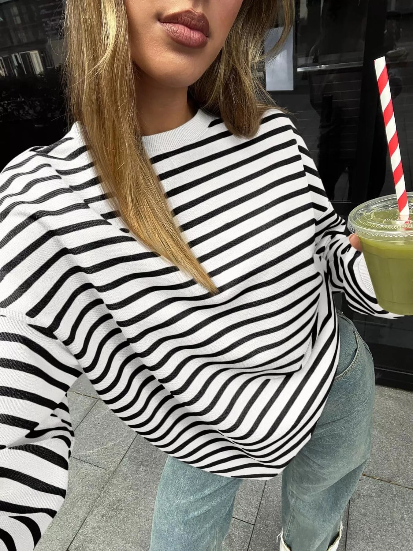 Striped Round Neck Oversized Casual Sweatshirt
