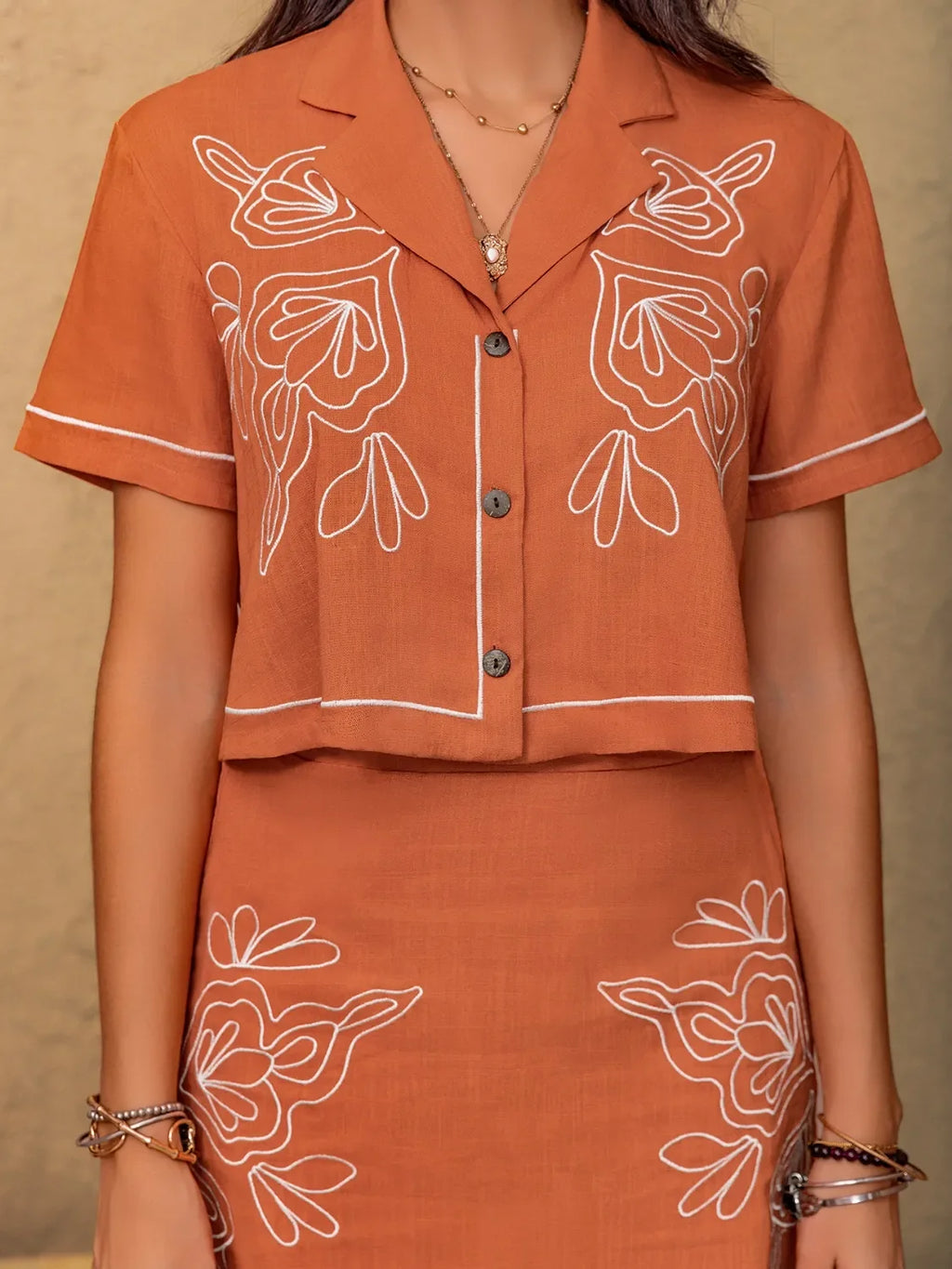 Embroidered Short Sleeve Top and Mini Skirt Set