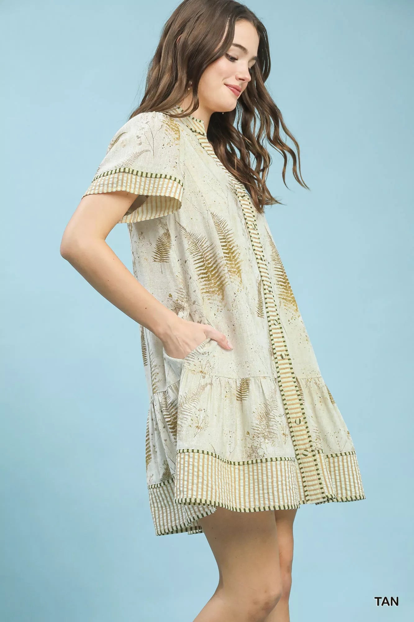 Umgee Linen Printed Button-Front Tiered Mini Dress