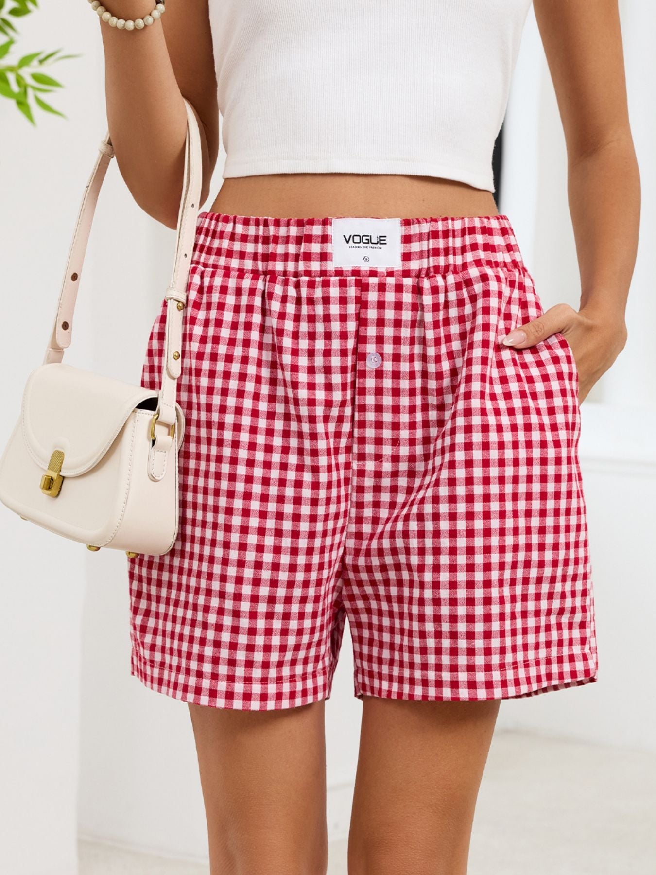 Gingham Elastic Waist Casual Shorts