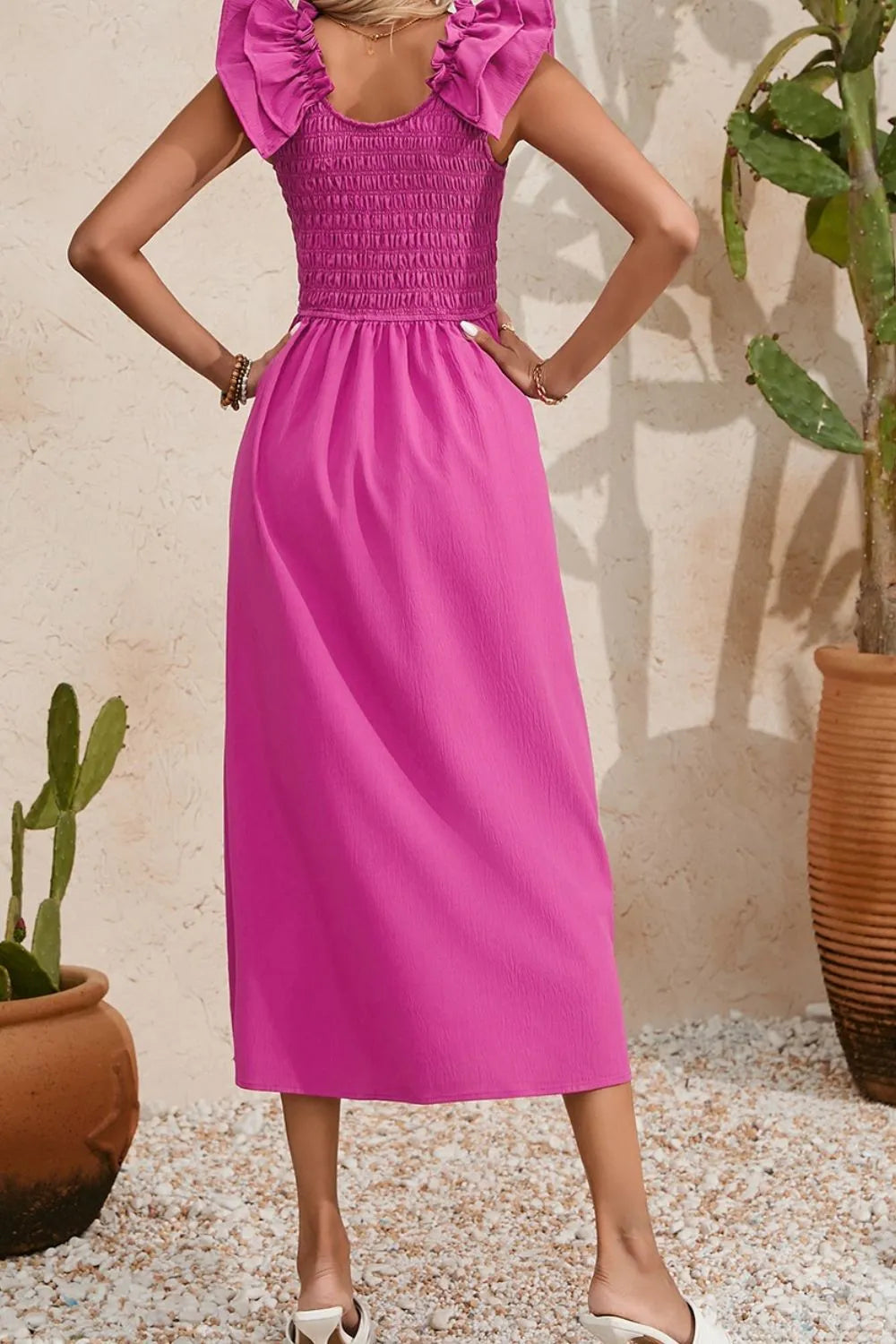 Solid Color Ruffled Straps Smocked Ruched Maxi Dress