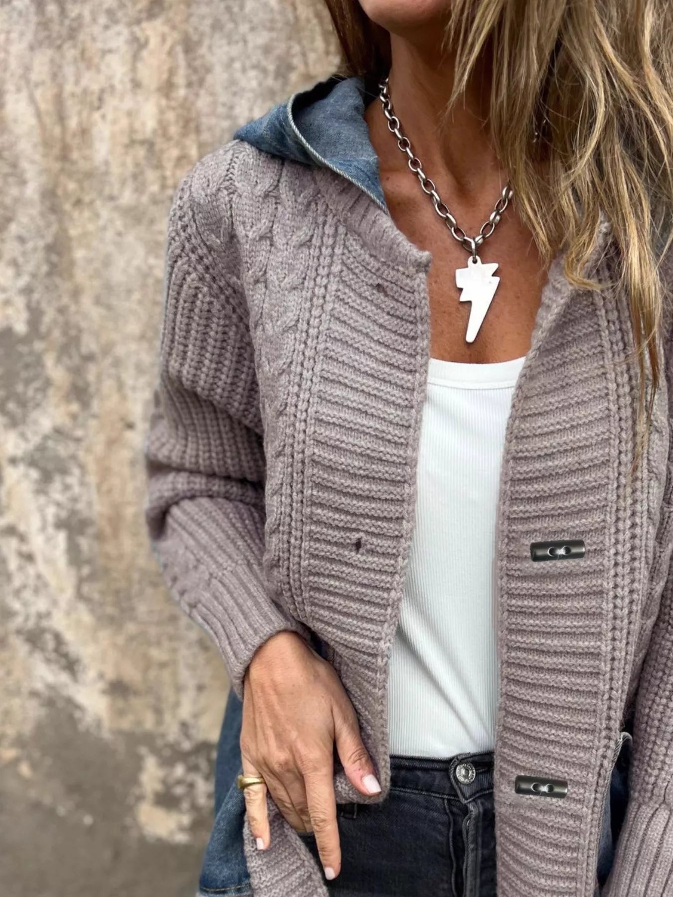 Full Size Hooded Cable Knit Longline Cardigan Plus Size