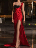 One-Shoulder Sequin Bodice Satin Gown with High Slit