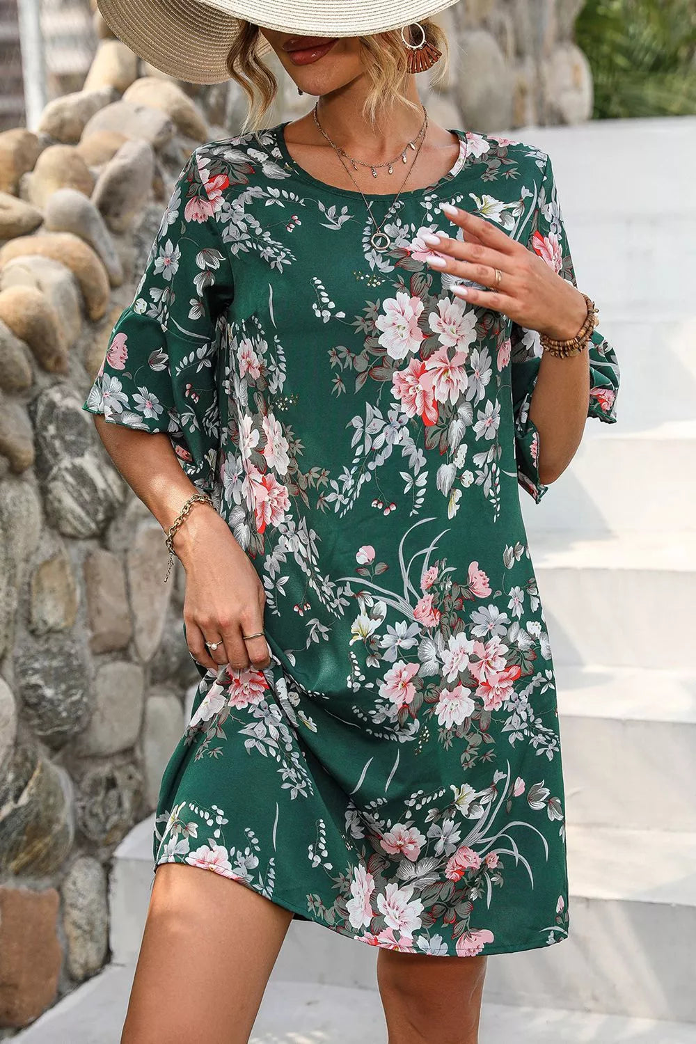 Floral Print Flounce Sleeve Casual Dress