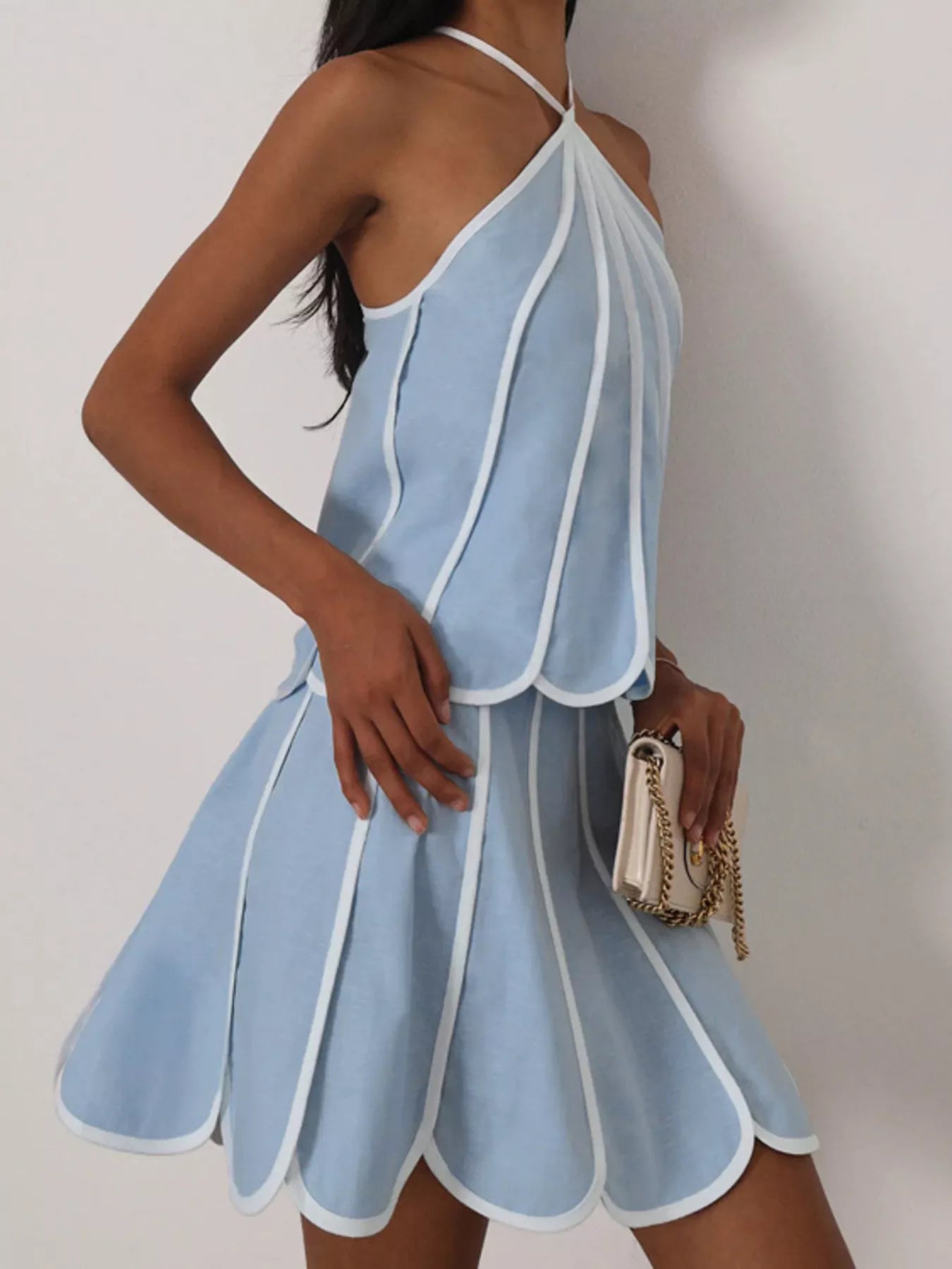 Contrast Trim Halter Neck Top and Skirt Set
