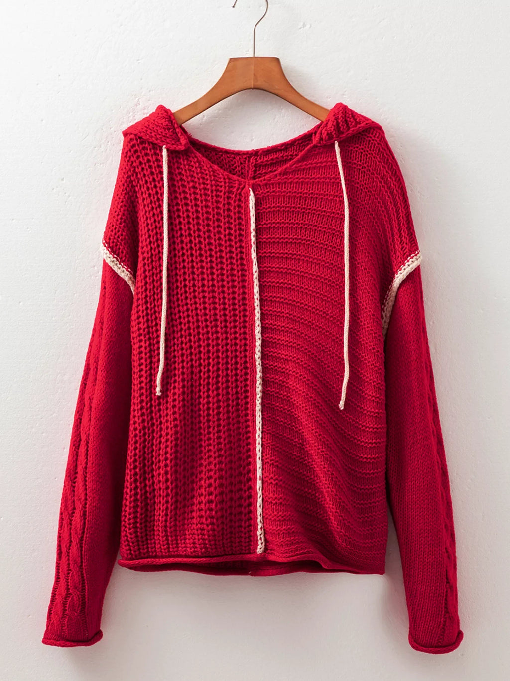 Contrast Trim Textured Knit Drawstring Hooded Sweater