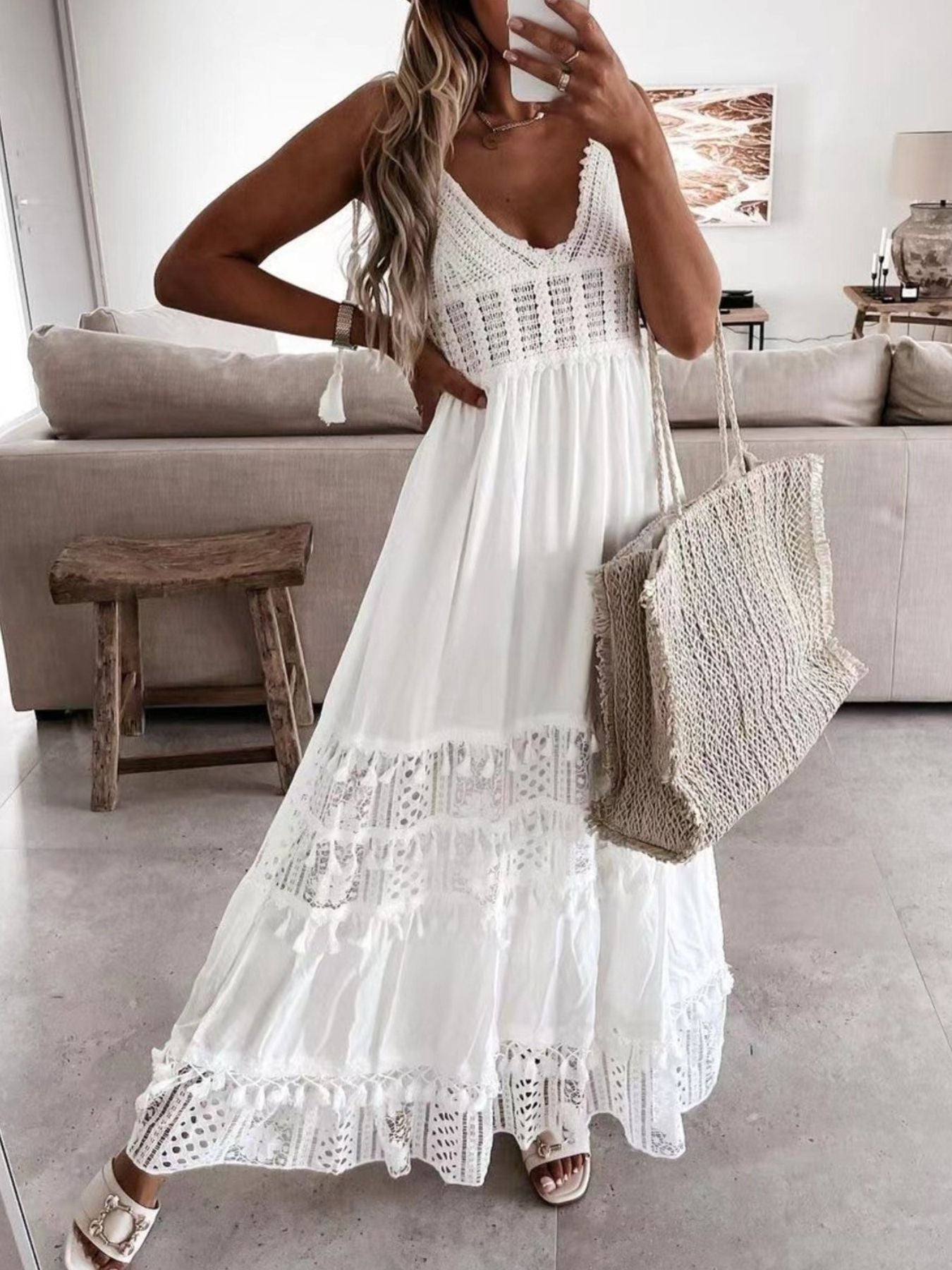Full Size Bohemian Crochet Trimmed Cami Dress with Tassel Trim Plus Size